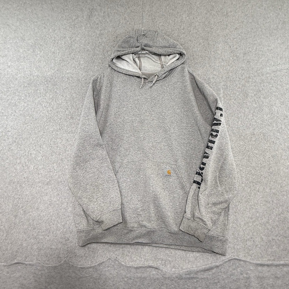 Carhartt Signature Sleeve Logo Pullover Hoodie Grey Gray Workwear Sweatshirt XL
